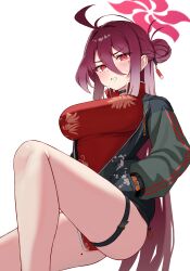 Rule 34 | 1girl, absurdres, antenna hair, black choker, blue archive, blush, breasts, china dress, chinese clothes, choker, clenched teeth, dress, feet out of frame, hair between eyes, hair bun, halo, hand in pocket, highres, jacket, kano (wi3028), large breasts, letterman jacket, long hair, looking at viewer, mole, mole on thigh, mole under eye, red dress, red eyes, red hair, reijo (blue archive), simple background, single side bun, solo, teeth, thigh strap, very long hair, watch, white background, wristwatch