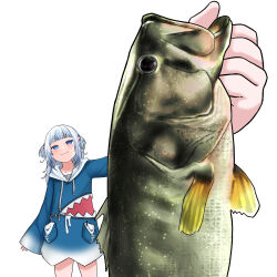Rule 34 | 1girl, 1other, animal, animal focus, bass (fish), blue eyes, blue hair, blue hoodie, blunt bangs, closed mouth, collarbone, dwi c, fish, gawr gura, gawr gura (1st costume), grey hair, highres, holding, holding animal, holding fish, hololive, hololive english, hood, hoodie, largemouth bass, long sleeves, looking at viewer, medium hair, multicolored hair, photo-referenced, pov, pov hands, sleeves past wrists, smug, streaked hair, upper body, virtual youtuber, white background, wide sleeves