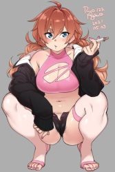 Rule 34 | 1girl, 2021, agawa ryou, belly, blue eyes, brown hair, commentary, dated, english commentary, grey background, jacket, long hair, looking at viewer, nail polish, navel, original, short shorts, shorts, simple background, solo, thick eyebrows, thighhighs, white thighhighs