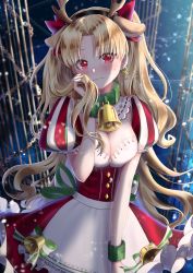 Rule 34 | 1girl, absurdres, alternate costume, animal ears, antlers, apron, bell, black hairband, blonde hair, blush, breasts, cage, chain, cleavage, collar, commentary request, cowboy shot, deer ears, detached collar, dress, earrings, ereshkigal (fate), fake animal ears, fake antlers, fate/grand order, fate (series), hair ribbon, hairband, hand in own hair, hand up, highres, horns, huge filesize, jewelry, light particles, long hair, medium breasts, neck bell, parted bangs, puffy short sleeves, puffy sleeves, red dress, red eyes, red ribbon, reindeer antlers, ribbon, short sleeves, solo, sweat, tobi (pixiv41237754), two side up, very long hair, waist apron, wavy mouth, white apron, wrist cuffs