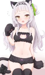 Rule 34 | 1girl, absurdres, animal ears, animal hands, arched bangs, arm support, black bow, black bra, black gloves, black hairband, black panties, black tail, black thighhighs, blush, bow, bra, breasts, brown eyes, cat cutout, cat ears, cat lingerie, cat paws, cat tail, cleavage cutout, clothing cutout, commentary, embarrassed, english commentary, fang, flying sweatdrops, frilled bra, frilled panties, frills, gloves, green eyes, grey hair, hair bun, hairband, half updo, hand up, hayana neru, highres, hololive, long hair, meme attire, multicolored eyes, murasaki shion, navel, open mouth, paid reward available, panties, paw pose, single hair bun, sitting, small breasts, solo, sweatdrop, tail, tail bow, tail ornament, thighhighs, triangle hair ornament, underwear, virtual youtuber, white background