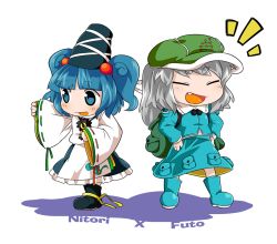 Rule 34 | 2girls, backpack, bag, blue eyes, blue hair, blush, boots, byourou, character name, cosplay, costume switch, closed eyes, fang, female focus, hair bobbles, hair ornament, hat, japanese clothes, kariginu, kawashiro nitori, key, long sleeves, mononobe no futo, multiple girls, open mouth, ponytail, short hair, silver hair, skirt, smile, tate eboshi, touhou, twintails, two side up, wide sleeves