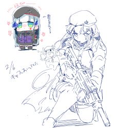 Rule 34 | 1girl, 1other, animal ears, assault rifle, beret, black jacket, blush stickers, cat ears, chibi, closed mouth, commentary request, cross, flower (symbol), full body, german flag, girls&#039; frontline, gun, h&amp;k hk416, hair ornament, hat, highres, hk416 (girls&#039; frontline), jacket, long hair, looking at viewer, multiple views, necktie, red cross, rifle, sena yuuta, simple background, sketch, skirt, thighhighs, translation request, very long hair, weapon, white background