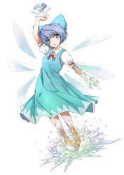 Rule 34 | 1girl, absurdres, blue eyes, blue hair, blush, bow, cirno, diamond (gemstone), hair bow, highres, ice, ice wings, matching hair/eyes, natsume riu, open mouth, short hair, short sleeves, simple background, solo, touhou, wings