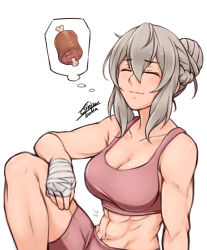 Rule 34 | 1girl, abs, airisubaka, boned meat, breasts, cleavage, closed eyes, dreaming, effie (fire emblem), fire emblem, fire emblem fates, food, grey hair, hair bun, highres, meat, midriff, muscular, muscular female, nintendo, signature, simple background, single hair bun, sports bra, thinking, white background, wrist wrap
