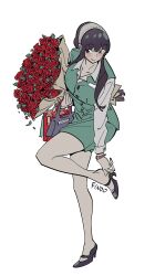 Rule 34 | 1girl, absurdres, adjusting footwear, artist name, bag, black footwear, black hair, blush, bouquet, closed mouth, collarbone, collared shirt, findoworld, flower, full body, green skirt, hairband, handbag, high heels, highres, holding, holding bag, holding bouquet, long hair, long sleeves, office lady, pinup (style), red eyes, red flower, red lips, red rose, rose, shirt, shoes, sidelocks, simple background, skirt, solo, spy x family, standing, standing on one leg, watch, white background, wristwatch, yor briar