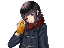 Rule 34 | 1girl, ashimaru, bad id, bad twitter id, black coat, black eyes, black hair, blunt bangs, bottle, braid, coat, commentary request, hair ribbon, head tilt, highres, kantai collection, kitakami (kancolle), long hair, looking at viewer, red scarf, ribbon, scarf, sidelocks, simple background, single braid, smile, solo, tress ribbon, upper body, white background