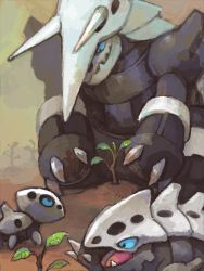 Rule 34 | aggron, aron, creatures (company), d&amp;p, evolutionary line, family, game freak, gen 3 pokemon, height difference, lairon, nintendo, no humans, open mouth, plant, pokemon, pokemon (creature), tegaki