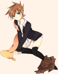 Rule 34 | 1boy, all fours, bent over, black thighhighs, blue oak, blush, brown hair, clothes, creatures (company), crossdressing, frown, full body, game freak, green eyes, hair ornament, hairclip, male focus, nintendo, open clothes, open mouth, open shirt, panties, pokemon, scarf, school uniform, shirt, short hair, simple background, solo, thighhighs, trap, underwear, undressing