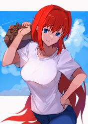 Rule 34 | 1girl, aozaki aoko, blue eyes, blue pants, blue sky, breasts, cloud, cloudy sky, hand on own hip, highres, large breasts, long hair, looking at viewer, nasubin (nasubisamurai15), pants, red hair, shirt, sky, smile, solo, suitcase, tsukihime, very long hair, white shirt