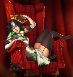 Rule 34 | 1girl, black hair, black thighhighs, blue eyes, clothing cutout, crown, detached sleeves, dress, feet, feguimel, full body, garter straps, highres, long hair, looking at viewer, multicolored hair, navel, navel cutout, no shoes, original, queen, sitting, smile, solo, thighhighs, toes, watermark