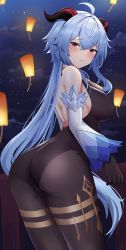 Rule 34 | 1girl, ahoge, arched back, ass, back, backless leotard, bare shoulders, black gloves, black leotard, blue hair, breasts, brown pantyhose, closed mouth, cowboy shot, detached sleeves, from behind, frown, ganyu (genshin impact), genshin impact, gloves, goat horns, highres, horns, lantern, large breasts, leotard, long hair, long sleeves, looking at viewer, looking back, low ponytail, night, outdoors, pantyhose, paper lantern, purple eyes, solo, standing, tio (005), very long hair