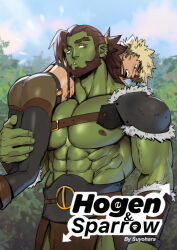 Rule 34 | 2boys, abs, absurdres, armor, bara, beard, belt, blonde hair, blue sky, bracer, brown hair, carrying, carrying person, chest belt, cloud, cowboy shot, eyebrow cut, facial hair, forked eyebrows, highres, hogen &amp; sparrow, interspecies, leather strap, loincloth, long hair, looking to the side, male focus, monster boy, multiple boys, muscular, muscular male, nipples, open mouth, orange eyes, orc, pauldrons, pectorals, ponytail, shoulder armor, single pauldron, size difference, sky, suyohara, teeth, thick eyebrows, tusks, upper teeth only, veins, veiny arms, yaoi