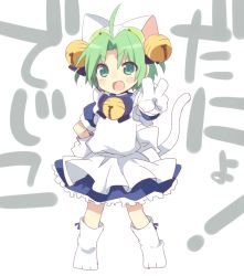 Rule 34 | 1girl, ahoge, animal ears, bad id, bad pixiv id, bell, blush, cat ears, cat tail, commentary request, dejiko, di gi charat, gloves, green eyes, green hair, hand on own hip, jingle bell, looking at viewer, matching hair/eyes, mishima kurone, open mouth, short hair, simple background, solo, tail, text focus, translated, v, white background