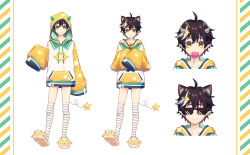 Rule 34 | 1boy, absurdres, brown eyes, brown hair, candy, cat tail, character sheet, food, full body, hair ornament, highres, hood, hood up, indie virtual youtuber, lollipop, long sleeves, multicolored hair, pale skin, pointy ears, shui ri bi, sleeves past wrists, slippers, star (symbol), star hair ornament, striped clothes, striped legwear, striped thighhighs, tail, thighhighs, virtual youtuber, white hair, yalu