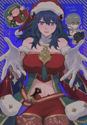 Rule 34 | 1girl, ashe ubert, beckoning, blue hair, breasts, byleth (female) (fire emblem), byleth (female) (frosty professor) (fire emblem), byleth (fire emblem), character doll, christmas, fire emblem, fire emblem: three houses, fire emblem heroes, foreshortening, gloves, green eyes, grey hair, hair between eyes, hat, highres, large breasts, looking at viewer, navel, nintendo, official alternate costume, open mouth, outstretched hand, reaching, reaching towards viewer, santa hat, smile, sothis (fire emblem), ushiomi, white gloves
