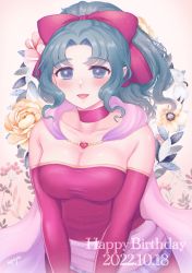 Rule 34 | 1girl, blue eyes, blue hair, bow, breasts, choker, collarbone, dated, detached sleeves, dress, final fantasy, final fantasy vi, flower, hair behind ear, hair bow, happy birthday, highres, jinno shigure, looking at viewer, medium breasts, open mouth, parted bangs, ponytail, purple sash, red bow, red choker, red dress, sash, smile, solo, strapless, strapless dress, tina branford, upper body, yellow flower