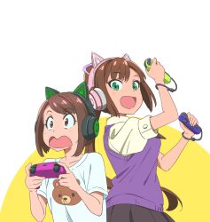 Rule 34 | 2girls, 3:, :d, absurdres, animal ear headphones, animal ears, animal print, animification, bear print, black headphones, black skirt, brown eyes, brown hair, cat ear headphones, character request, collarbone, collared shirt, controller, fake animal ears, game controller, green eyes, hayama ikumi, headphones, highres, holding, holding controller, holding game controller, joy-con, long hair, looking at viewer, multiple girls, nintendo switch pro controller, open mouth, pink headphones, pleated skirt, ponytail, print shirt, puffy short sleeves, puffy sleeves, purple sweater vest, razer, real life, sano keiichi, sanpaku, shirt, short sleeves, skirt, smile, surprised, sweater vest, two-tone background, white background, white shirt, yellow background
