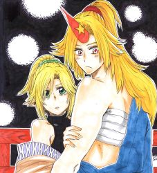 Rule 34 | 2girls, absurdres, alternate hairstyle, black shirt, blonde hair, brown shirt, closed mouth, commentary request, expressionless, green eyes, hair ornament, hair scrunchie, hand on another&#039;s arm, high ponytail, highres, horns, hoshiguma yuugi, long hair, looking at viewer, matsuri kyuuta, mizuhashi parsee, multiple girls, off shoulder, open mouth, railing, red eyes, red horns, sarashi, scrunchie, shirt, short hair, short ponytail, single horn, sleeveless, sleeveless shirt, star (symbol), touhou, traditional media, upper body, yuri