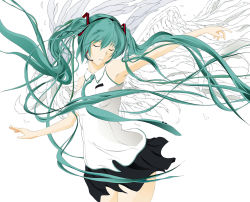 Rule 34 | 1girl, aqua hair, aqua necktie, armpits, asunogear, black hairband, black skirt, breasts, closed eyes, closed mouth, collared shirt, cowboy shot, feathered wings, floating hair, hair between eyes, hairband, hatsune miku, headphones, headset, highres, long hair, medium breasts, microphone, miniskirt, necktie, outstretched arms, pleated skirt, shirt, simple background, skirt, sleeveless, sleeveless shirt, solo, standing, twintails, very long hair, vocaloid, white background, white shirt, white wings, wing collar, wings