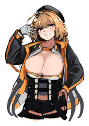 Rule 34 | 1girl, anis (nikke), areola slip, ariyoshi gen, beret, black hat, black jacket, blush, breasts, brown eyes, brown hair, cleavage, gloves, goddess of victory: nikke, grey gloves, hair between eyes, hand on own hip, hat, jacket, large breasts, long sleeves, looking at viewer, open clothes, open jacket, short shorts, shorts, simple background, sketch, solo, w, white background
