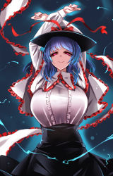 Rule 34 | 1girl, arms up, black background, black skirt, blue hair, bow, breasts, capelet, center frills, closed mouth, electricity, frilled shawl, frills, hat, hat bow, high-waist skirt, highres, large breasts, long sleeves, looking at viewer, nagae iku, raptor7, red bow, red eyes, shawl, shirt, short hair, simple background, skirt, smile, solo, symbol-only commentary, touhou, upper body, white capelet, white shirt