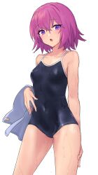 Rule 34 | 1girl, :o, bad link, black one-piece swimsuit, blush, breasts, chorefuji, collarbone, commentary request, covered navel, cowboy shot, hair between eyes, highres, holding, holding clothes, looking at viewer, medium breasts, medium hair, one-piece swimsuit, open mouth, original, purple eyes, purple hair, simple background, small breasts, solo, swimsuit, tongue, wet, wet hair, white background