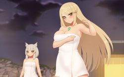 Rule 34 | 2girls, animal ear fluff, animal ears, artist name, blonde hair, blunt bangs, breasts, cat ears, cloud, commentary, english commentary, eyes visible through hair, frown, grey hair, hair ribbon, kuroonehalf, large breasts, long hair, looking at viewer, multiple girls, mythra (xenoblade), naked towel, nia (xenoblade), night, night sky, nintendo, outdoors, ribbon, short hair, sky, towel, xenoblade chronicles (series), xenoblade chronicles 2, yellow eyes, yellow ribbon