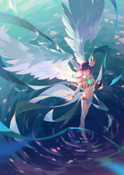 Rule 34 | 1boy, alternate form, aquarius (artist), blue hair, blue ribbon, braid, chest tattoo, closed eyes, cropped shirt, detached sleeves, falling feathers, feathered wings, feathers, floating hair, flower, flower on liquid, from above, full body, genshin impact, glowing, glowing wings, hair flower, hair ornament, holding, holding instrument, hood, hood down, instrument, leg tattoo, lyre, male focus, medium hair, midriff, navel, outdoors, outstretched arm, outstretched hand, petals, ribbon, ripples, shirt, short shorts, shorts, side braids, sleeveless, sleeveless shirt, smile, solo, spread wings, tattoo, thighhighs, turtleneck, twin braids, venti (archon) (genshin impact), venti (genshin impact), walking, walking on liquid, water, white flower, white shorts, white thighhighs, wings