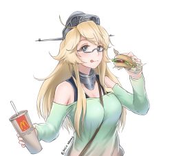 Rule 34 | 10s, 1girl, :q, alternate costume, between breasts, blonde hair, blue eyes, blush, breasts, burger, casual, cup, disco brando, drinking straw, food, glasses, hair between eyes, hat, headgear, holding, holding food, iowa (kancolle), kantai collection, large breasts, long hair, long sleeves, looking at viewer, mcdonald&#039;s, off-shoulder shirt, off shoulder, product placement, semi-rimless eyewear, shirt, smile, solo, star-shaped pupils, star (symbol), swept bangs, symbol-shaped pupils, tongue, tongue out, under-rim eyewear, upper body