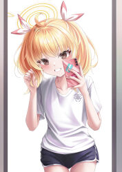 Rule 34 | 1girl, absurdres, ahoge, black shorts, blonde hair, blue archive, cellphone, dolphin shorts, grin, hair ribbon, hair twirling, halo, highres, holding, holding phone, looking at viewer, phone, red eyes, ribbon, shira jun, shirt, shorts, sitting, smartphone, smile, solo, teeth, twintails, white shirt