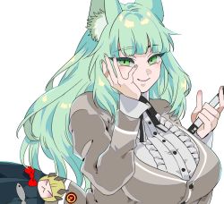 Rule 34 | 1girl, animal ear fluff, animal ears, arknights, black ribbon, breasts, cardigan, cat ears, center frills, commentary, frills, green eyes, green hair, green nails, grey cardigan, hand up, hands up, harmonie (arknights), large breasts, long hair, long sleeves, looking at viewer, nail polish, neck ribbon, oru (doctortukikage), ribbon, simple background, solo, upper body, white background