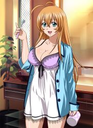 Rule 34 | 00s, 1girl, antenna hair, blonde hair, blouse, blue shirt, breasts, cleavage, cowboy shot, female focus, green eyes, hair between eyes, ikkitousen, indoors, large breasts, long hair, official art, open clothes, open shirt, plant, shirt, sky, smile, solo, sonsaku hakufu, standing, very long hair
