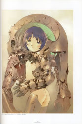 Rule 34 | 1girl, absurdres, ass, blue eyes, blue hair, blush, breasts, d:, eyebrows, fang, gauntlets, highres, looking at viewer, machinery, matching hair/eyes, mecha musume, nipples, ogata kouji, open mouth, original, scan, small breasts, solo, teeth, thighhighs