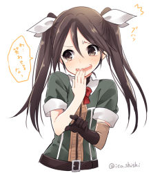 Rule 34 | 10s, 1girl, brown eyes, brown gloves, brown hair, elbow gloves, gloves, hair ribbon, hand to own mouth, ica, kantai collection, laughing, long hair, looking away, pointing, ribbon, smile, solo, tone (kancolle), translated, twintails, twitter username
