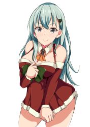 Rule 34 | 10s, 1girl, aqua eyes, aqua hair, ascot, bare shoulders, blush, breasts, cleavage, commentary, hair ornament, hairclip, highres, kantai collection, large breasts, long hair, looking at viewer, nemo 1988, santa costume, simple background, smile, solo, suzuya (kancolle), thighs, white background