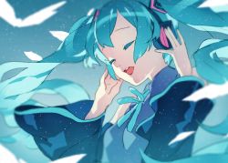 Rule 34 | 1girl, aqua hair, detached sleeves, closed eyes, floating hair, hatsune miku, headphones, highres, long hair, open mouth, solo, twintails, vocaloid, weee (raemz)