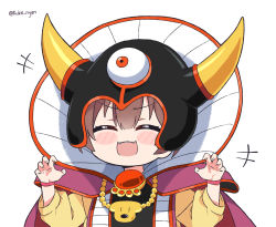 Rule 34 | +++, 1girl, :d, arms up, blush stickers, brown hair, cape, claw pose, closed eyes, cosplay, dragon quest, dragon quest iii, fake horns, fangs, hair between eyes, helmet, hololive, horned helmet, horns, hoso-inu, inugami korone, inugami korone (1st costume), jewelry, kukie-nyan, long sleeves, necklace, open mouth, shirt, short hair, simple background, smile, solo, twitter username, upper body, virtual youtuber, white background, wristband, yellow shirt, zoma, zoma (cosplay)