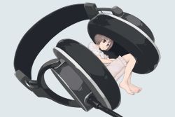 Rule 34 | 1girl, brown eyes, brown hair, commentary, fetal position, grey background, headphones, knees up, looking at viewer, original, oversized object, shirt, short hair, short sleeves, shorts, simple background, solo, white shirt, white shorts, yajirushi (chanoma)