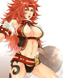 Rule 34 | 1girl, black panties, breasts, headband, jahct, large breasts, long hair, midriff, navel, open mouth, panties, purple eyes, queen&#039;s blade, red hair, risty (queen&#039;s blade), shield, solo, tattoo, underwear, very long hair