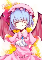 Rule 34 | 1girl, ^ ^, absurdres, arms behind back, bad id, bad pixiv id, bat wings, blue hair, blush, closed eyes, closed eyes, female focus, hat, highres, mirimo, remilia scarlet, smile, solo, thank you, touhou, wings