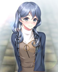 Rule 34 | 1girl, alternate costume, blue eyes, blue hair, blue jacket, blush, brown dress, commentary request, dress, gotland (kancolle), hair between eyes, highres, jacket, kantai collection, long hair, mole, mole under eye, open clothes, open jacket, ruin re birth, shirt, smile, solo, turtleneck, white shirt
