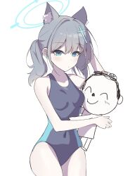 Rule 34 | 1boy, 1girl, animal ear fluff, animal ears, black one-piece swimsuit, blue archive, blue eyes, breasts, cheek press, competition swimsuit, covered navel, cross hair ornament, doodle sensei (blue archive), extra ears, grey hair, hair ornament, halo, highres, low ponytail, medium breasts, medium hair, mismatched pupils, multicolored clothes, multicolored swimsuit, official alternate costume, one-piece swimsuit, sensei (blue archive), shiroko (blue archive), shiroko (swimsuit) (blue archive), simple background, swimsuit, white background, wolf ears, yuzufuro