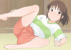 Rule 34 | 1girl, arm support, barefoot, black eyes, blush stickers, brown hair, child, commentary request, green shirt, hand on own leg, indoors, knee up, leg up, long hair, looking at viewer, lying, mizukane, ogino chihiro, on side, ponytail, reclining, red shorts, sen to chihiro no kamikakushi, shirt, shorts, solo, tatami, white shirt