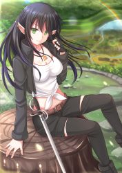 Rule 34 | 1girl, belt, black hair, black thighhighs, blazer, breasts, cleavage, earrings, green eyes, highres, jacket, jewelry, kazenokaze, long hair, long sleeves, looking at viewer, medium breasts, midriff, navel, necklace, original, pointy ears, rainbow, shirt, shorts, sitting, smile, solo, sword, taut clothes, taut shirt, thighhighs, tied shirt, torn clothes, tree stump, weapon