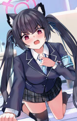 Rule 34 | 1girl, absurdres, animal ear fluff, animal ears, black hair, black jacket, black skirt, black socks, blazer, blue archive, blue necktie, blue ribbon, blush, breasts, buttons, cat ears, collared shirt, extra ears, hair ribbon, halo, highres, jacket, kneeling, long hair, long sleeves, looking at viewer, medium breasts, mi taro333, necktie, open mouth, pink halo, pleated skirt, red eyes, ribbon, serika (blue archive), shirt, skirt, socks, solo, twintails, white shirt