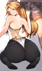 Rule 34 | 10s, 1boy, 1girl, artist request, ass, back, backless outfit, bare shoulders, blonde hair, erection, from behind, granblue fantasy, headpat, highres, huge ass, katalina (granblue fantasy), kneeling, leotard, long hair, looking at viewer, looking back, pantyhose, penis, shiny clothes, shiny skin, thong, thong leotard, yellow eyes