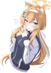 Rule 34 | 1girl, animal ear fluff, animal ears, blue archive, blue eyes, blush, closed mouth, cropped torso, flower, flying sweatdrops, grey jacket, hair between eyes, hair flower, hair ornament, hair ribbon, hairband, halo, highres, jacket, long sleeves, looking at viewer, mari (blue archive), mari (track) (blue archive), mokkon doru, multicolored clothes, multicolored jacket, orange hair, pink flower, ribbon, simple background, solo, steepled fingers, two-tone jacket, upper body, white background, white hairband, white jacket