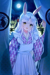 Rule 34 | 1girl, animal ears, apron, commentary request, full moon, japanese clothes, kimono, long hair, looking at viewer, maronie., moon, night, night sky, open mouth, original, rabbit, rabbit ears, rabbit girl, silver hair, sky, smile, solo, susuki grass, tsukimi, yellow eyes