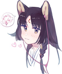 Rule 34 | 1girl, animal ears, arknights, black eyes, black hair, braid, chinese commentary, closed mouth, commentary request, dog ears, earbuds, earphones, facial mark, forehead mark, heart, japanese clothes, kemono (fukanasumi), kimono, light blush, long hair, looking at viewer, microphone, saga (arknights), side braid, simple background, single braid, smile, solo, sora (arknights), upper body, white background